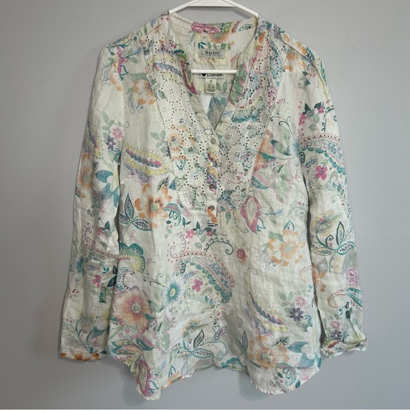 Malvin 100% Linen Multicolor Floral Long Sleeve Blouse Women’s Size Small - Picture 1 of 5